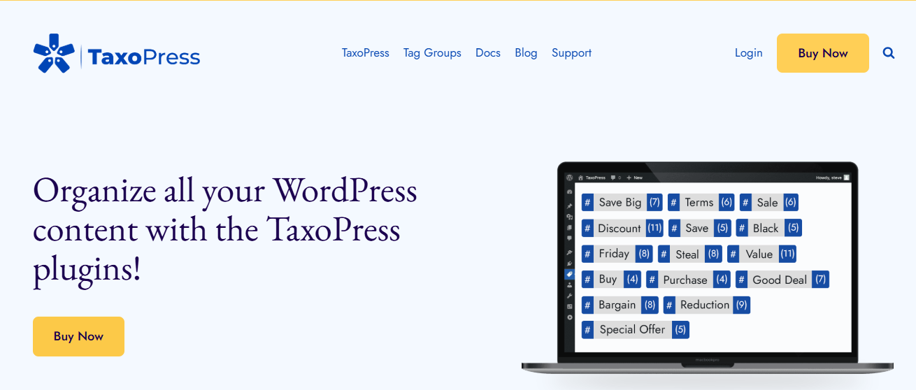 TaxoPress homepage showcasing WordPress content organization with a plugin interface and a call-to-action button to buy