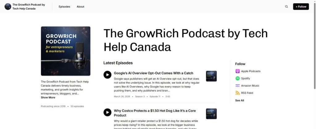 Screenshot of The GrowRich Podcast by Tech Help Canada homepage with episode listings and podcast platform links.