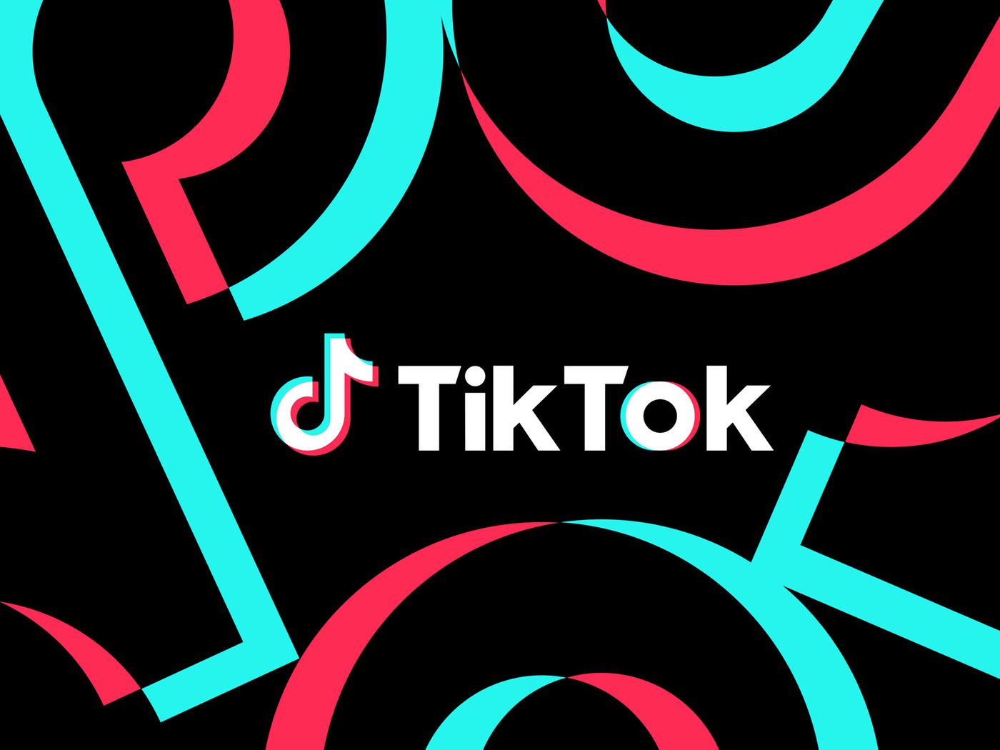 TikTok logo on a black background with vibrant teal and red abstract shapes.
