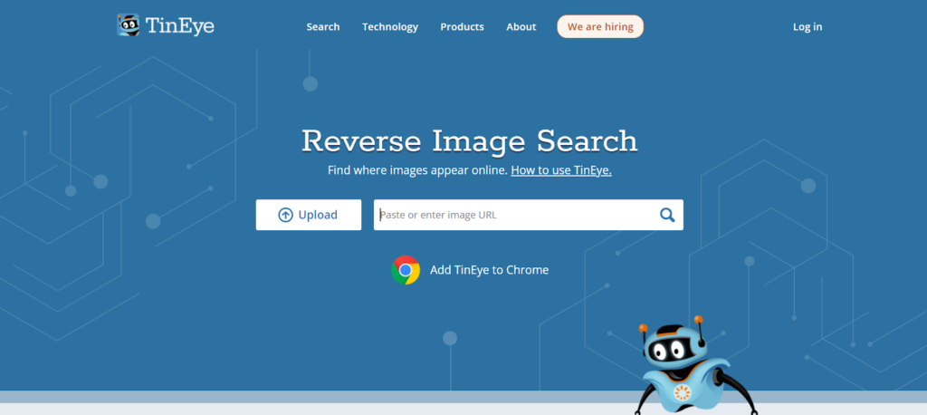 TinEye homepage featuring a reverse image search tool with options to upload or paste an image URL, set against a blue background with a robot mascot in the corner.