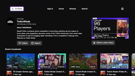 Twitch Rivals channel page, showing it's offline with 2M followers and 270M views. Features recent broadcasts, including Fortnite and other gaming events, with view counts and timestamps. A "Watch Latest Video" button is visible.