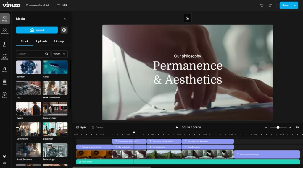 Vimeo video editing interface showing a project titled "Consumer Good Ad." Includes a preview of a video with the text "Our philosophy: Permanence & Aesthetics," alongside a timeline and media options like stock footage and uploads.