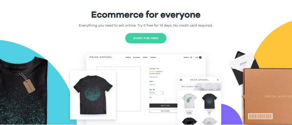 Promotional image for an e-commerce service featuring "Ecommerce for everyone." Includes a call-to-action for a free 14-day trial, with visuals of a t-shirt, online store interface, and packaging. | best e-commerce platforms