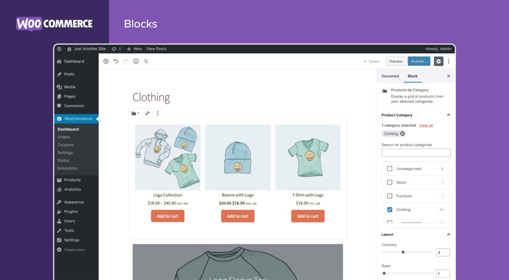 WooCommerce dashboard displaying a product category page for "Clothing" with options to add items like a logo collection, beanie, and T-shirt to the cart. | best e-commerce platforms