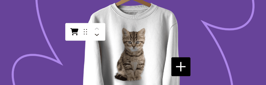 Graphic showcasing a white sweatshirt with a cat design, accompanied by shopping cart and add-to-cart icons on a purple background.