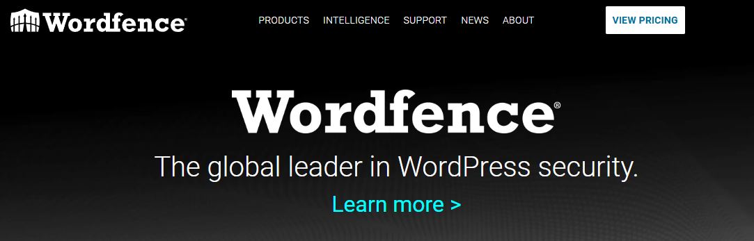 Promotional banner for Wordfence, the global leader in WordPress security. Includes navigation options for Products, Intelligence, Support, News, and About, with a 'View Pricing' button and a 'Learn more' link.