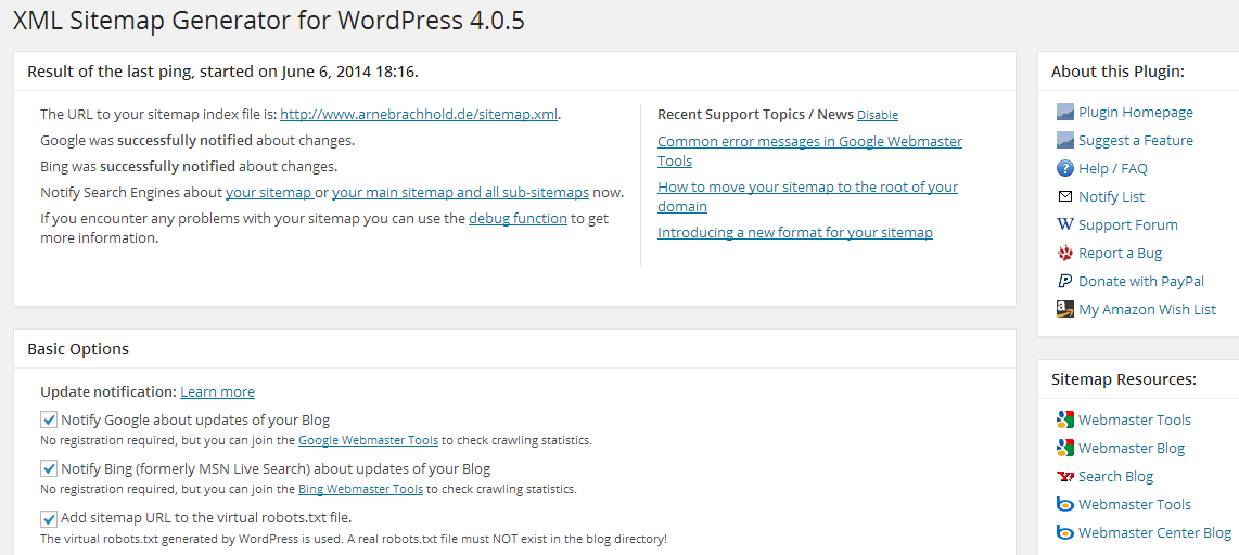 Screenshot of the XML Sitemap Generator for WordPress 4.0.5 interface, displaying sitemap creation options, update notifications, and plugin resources.