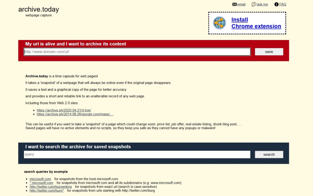 "archive.today" webpage capture tool. The page has two sections: one at the top with a red header labeled "My URL is alive and I want to archive its content," featuring a search bar and a "save" button for entering URLs to capture snapshots. Below is a section with a blue header labeled "I want to search the archive for saved snapshots," containing a search bar and a "search" button.