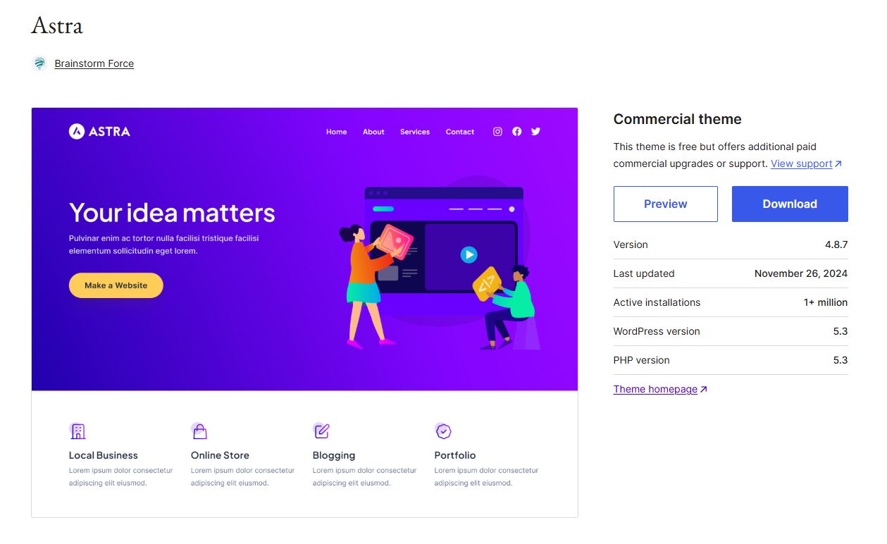 Screenshot of the Astra WordPress theme featuring a vibrant purple design with a header that reads 'Your idea matters.' The homepage mockup includes illustrations of people working on a website and a prominent yellow button labeled 'Make a Website.