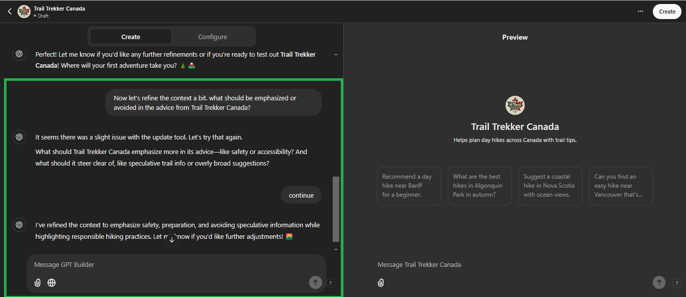 The image shows the creation process for the "Trail Trekker Canada" GPT, where the context is being refined to focus on safety, preparation, and responsible hiking advice. The user is adjusting the tone to avoid speculative or overly broad suggestions, with a preview of the customized GPT's interface.