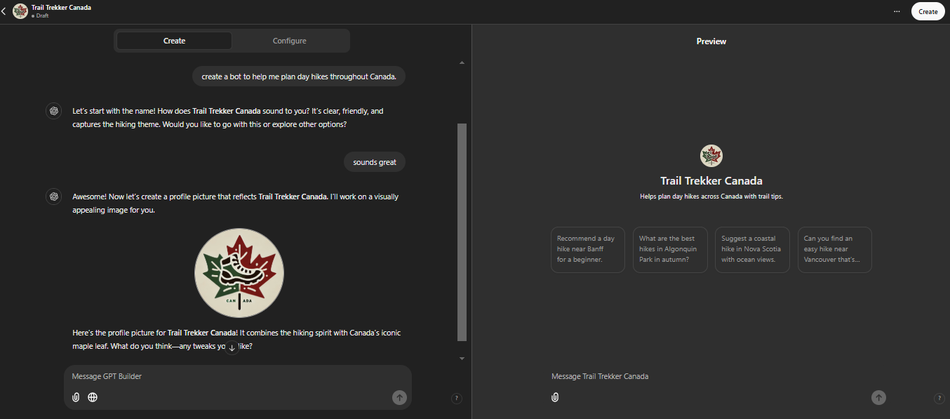 The image shows the creation process of a custom GPT called "Trail Trekker Canada," designed to help plan day hikes across Canada. It includes the naming process, designing a profile picture with Canada's iconic maple leaf, and a preview of the GPT's interface with related hiking queries.