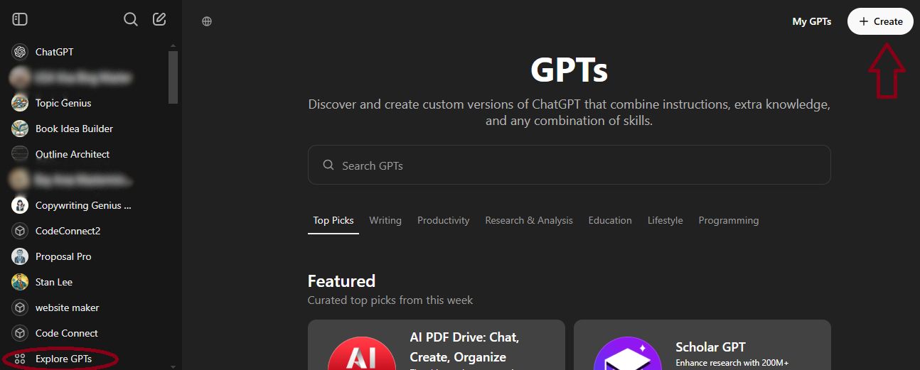 The image is an illustration of the ChatGPT interface, showcasing various GPT tools and options in a sidebar layout.