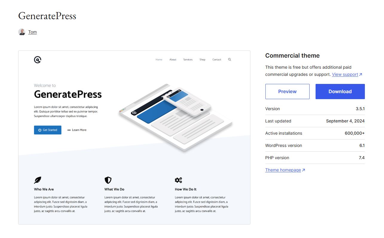 Screenshot of the GeneratePress WordPress theme page featuring a minimalist website design with sections titled 'Who We Are,' 'What We Do,' and 'How We Do It,' along with buttons for previewing and downloading the theme