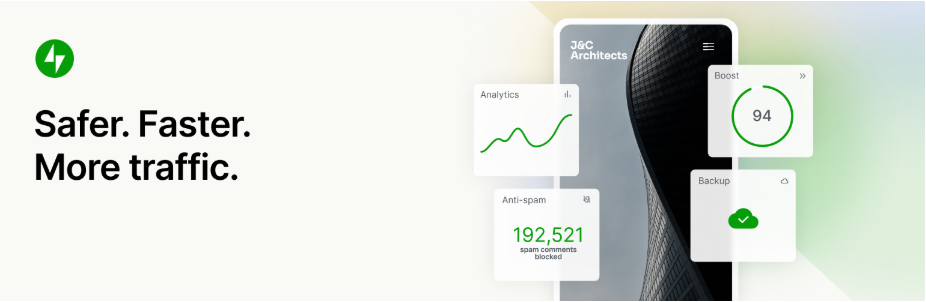 Promotional banner for Jetpack featuring the tagline 'Safer. Faster. More traffic.' with visuals of analytics, anti-spam, and backup tools.