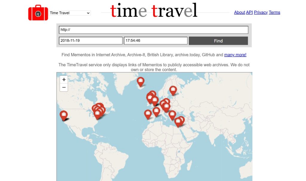 "Time Travel" web service interface for browsing archived web pages. It features a search bar for entering a URL and date/time (set to November 19, 2018, 17:54:46). Below, a world map with red suitcase icons shows the locations of various archived web mementos.