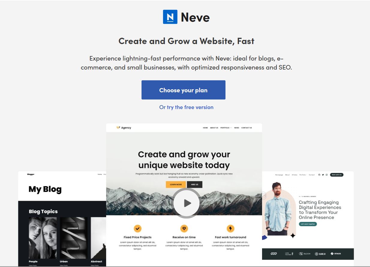 Neve WordPress theme showcasing its tagline 'Create and Grow a Website, Fast.' The page highlights Neve's optimized responsiveness and SEO features, making it suitable for blogs, e-commerce, and small businesses