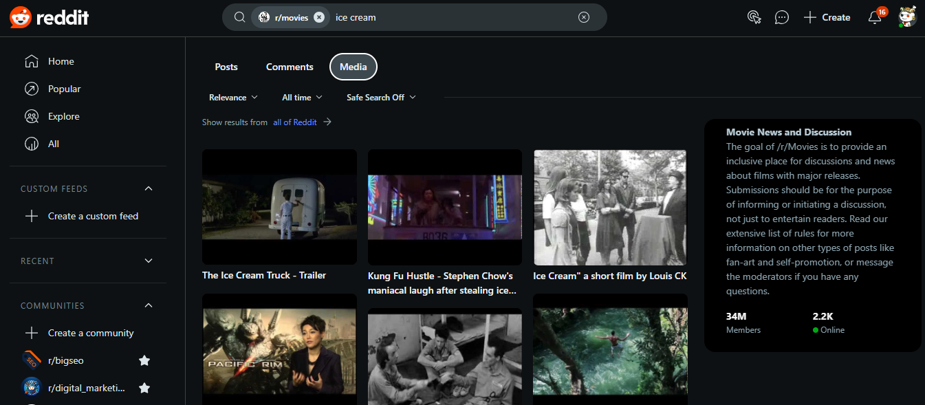 Reddit search results in the r/movies subreddit for 'ice cream,' showing media thumbnails, including trailers and short films.