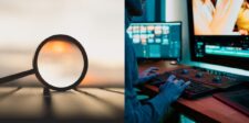 A split image: on the left, a magnifying glass resting on a wooden surface, capturing a blurred sunset; on the right, a person working at a video editing station with monitors and editing tools.