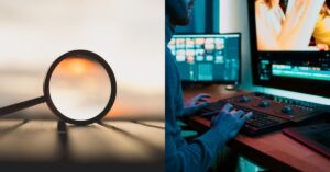 A split image: on the left, a magnifying glass resting on a wooden surface, capturing a blurred sunset; on the right, a person working at a video editing station with monitors and editing tools.