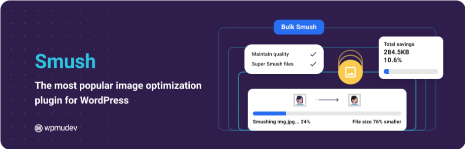 Promotional banner for Smush, a WordPress image optimization plugin, showcasing features like bulk smushing and file size reduction.