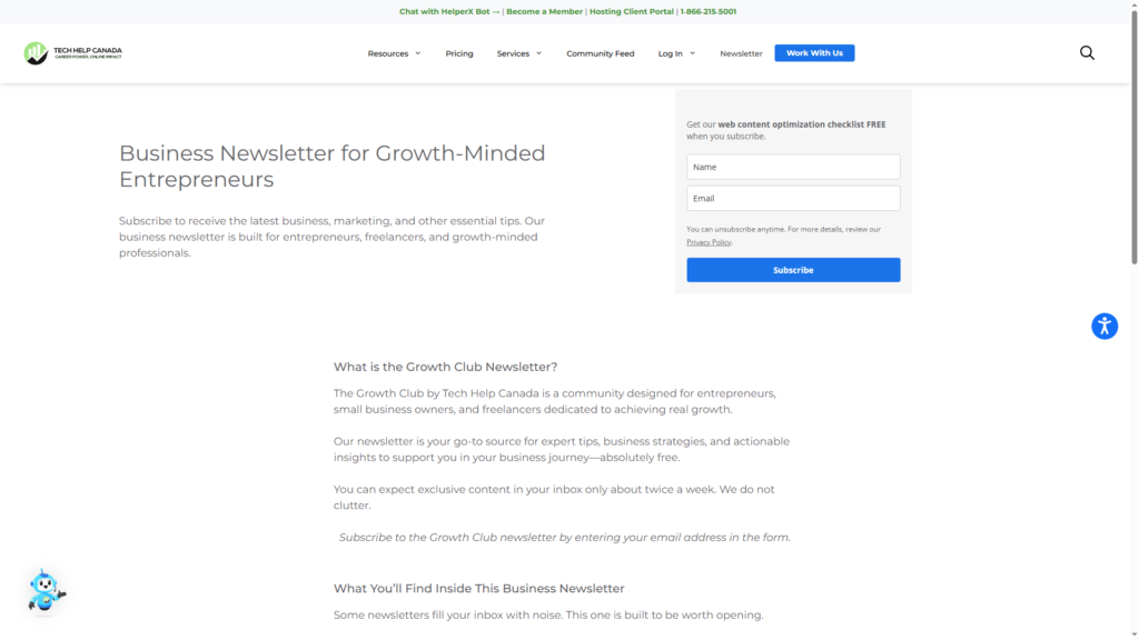 Screenshot of the Tech Help Canada newsletter signup page with the headline &ldquo;Business Newsletter for Growth-Minded Entrepreneurs,&rdquo; a short description about receiving business, marketing, and essential tips, and a subscription form on the right with name, email, and a blue &ldquo;Subscribe&rdquo; button. Lower on the page, sections explain what the Growth Club newsletter is and what readers will find inside the business newsletter.