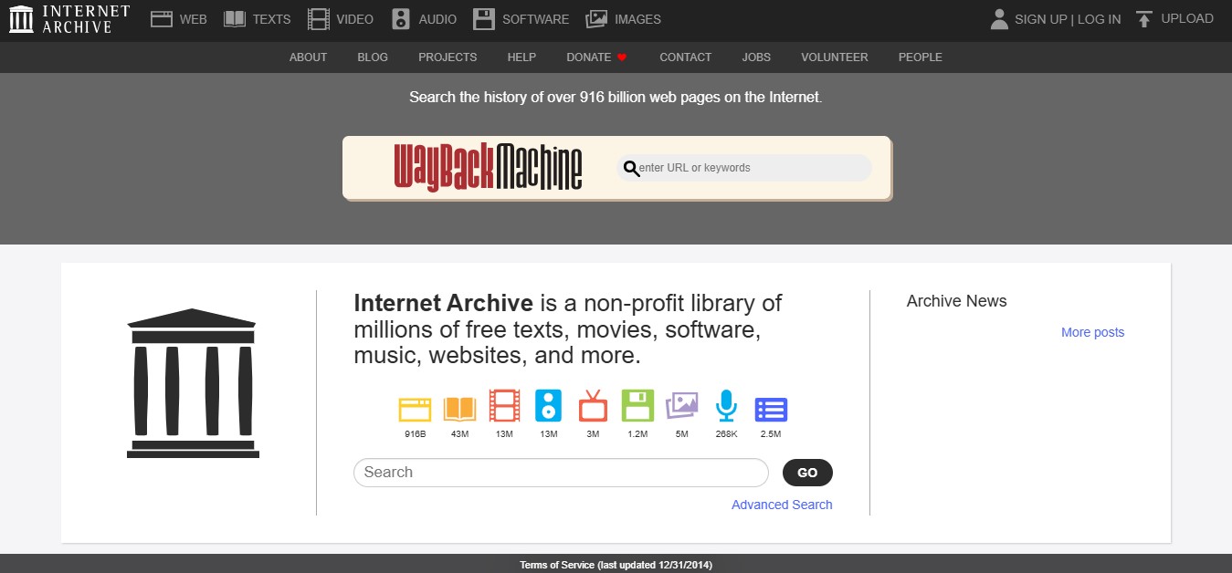 Internet Archive homepage featuring the Wayback Machine search bar and information about its library of digital content.