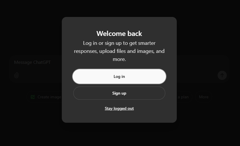 The image shows a "Welcome back" pop-up with options to log in, sign up, or stay logged out. It invites users to log in to access smarter responses and additional features.