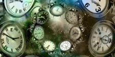 A surreal image featuring multiple vintage clocks and alarm clocks floating in a circular arrangement against a cosmic, starry background. The clocks display Roman numerals, intricate clock hands, and varying times, creating a sense of time travel or timelessness. The colors include shades of green, silver, and space-like hues, enhancing the ethereal and futuristic theme.