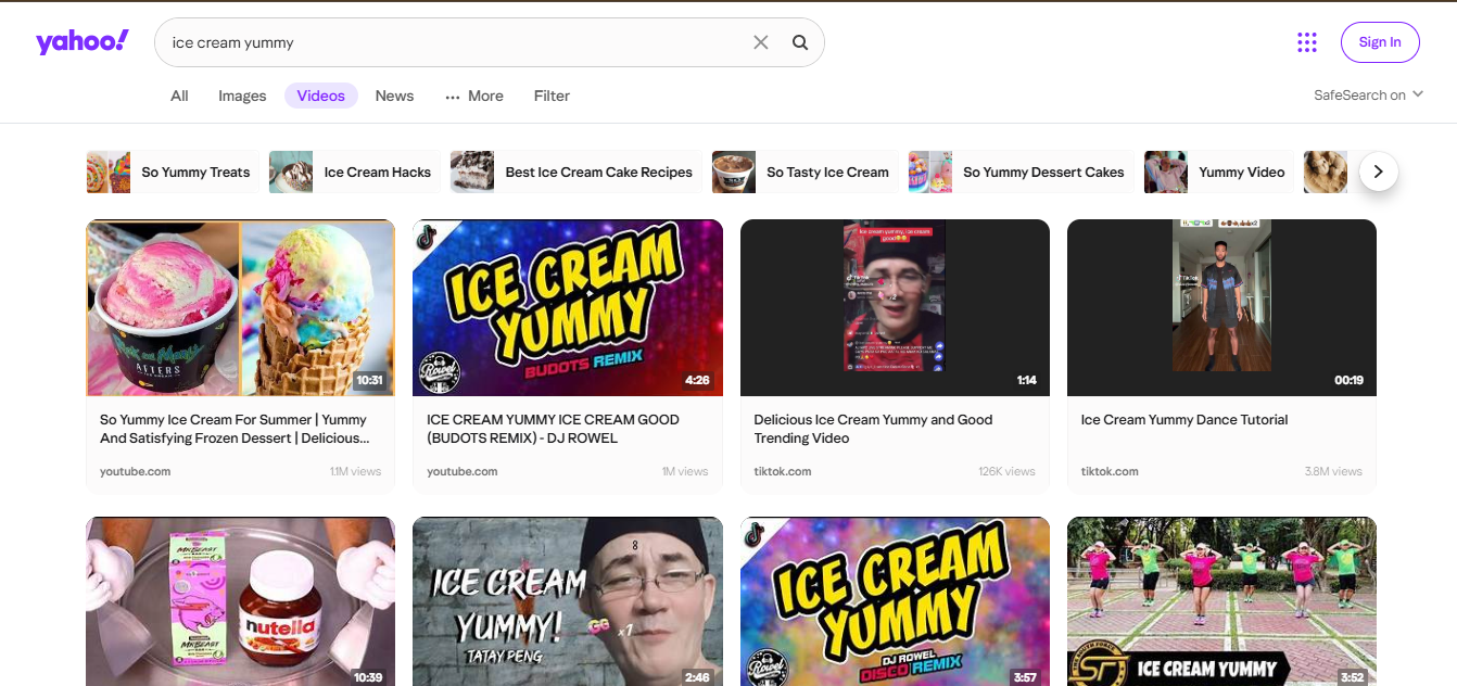 Yahoo Video Search results for 'ice cream yummy,' featuring various video thumbnails related to ice cream recipes, remixes, and tutorials.