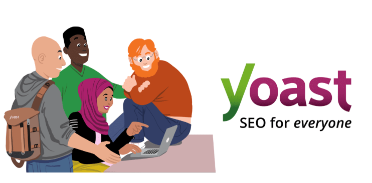 Illustration of diverse characters interacting with a laptop, alongside the Yoast logo and tagline 'SEO for everyone.