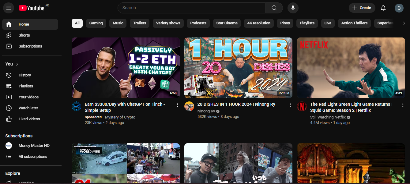 YouTube homepage featuring recommended videos including topics like crypto earnings, cooking challenges, and Netflix shows.