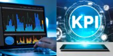 Split image: on the left, a person working on a laptop displaying colorful sales graphs and charts; on the right, a digital representation of "KPI" surrounded by icons, above a tablet.