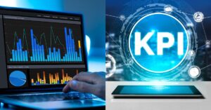 Split image: on the left, a person working on a laptop displaying colorful sales graphs and charts; on the right, a digital representation of "KPI" surrounded by icons, above a tablet.