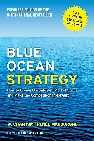 Book cover of "Blue Ocean Strategy" by W. Chan Kim and Renée Mauborgne. Features an ocean background and the subtitle "How to Create Uncontested Market Space and Make the Competition Irrelevant." Includes a badge noting over 4 million copies sold worldwide.