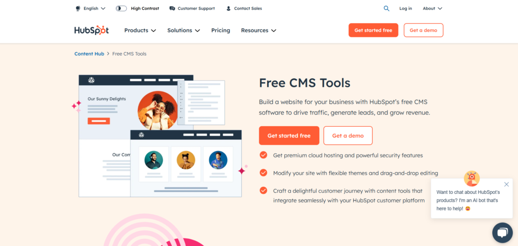 "HubSpot Free CMS Tools: Build your website with ease. Get started free or try a demo."