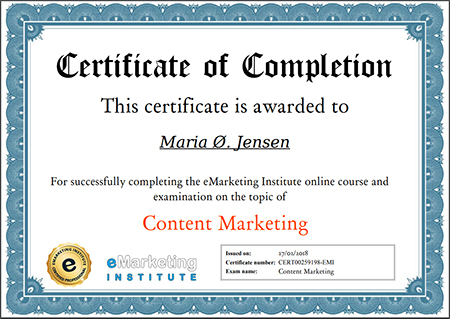 eMarketing Institute Content Marketing Certificate awarded to Maria Ø. Jensen.