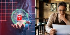 Left: Hand holding a glowing digital lock symbol. Right: Man reading a document thoughtfully. | cybersecurity business