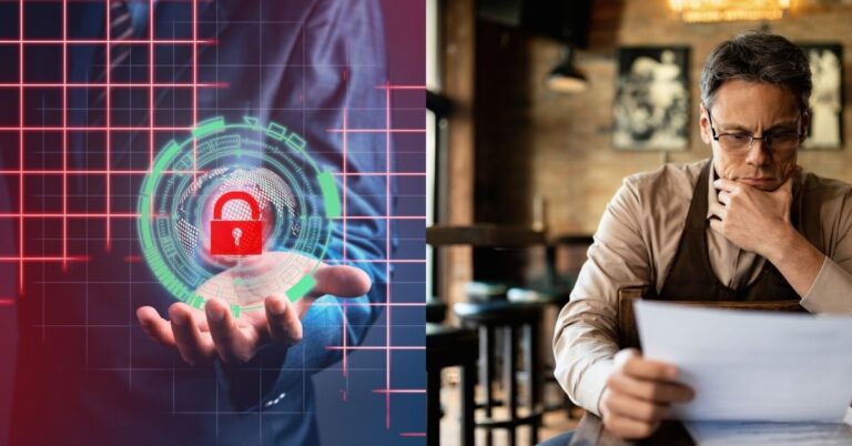 Left: Hand holding a glowing digital lock symbol. Right: Man reading a document thoughtfully. | cybersecurity business