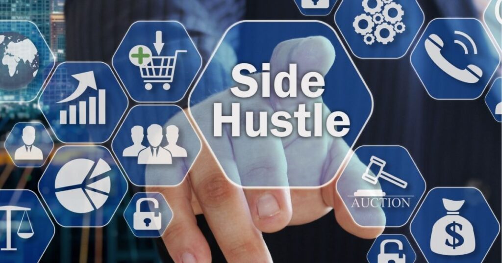 Hand pressing digital icons with 'Side Hustle' text in the center.