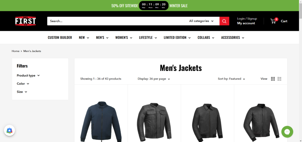 Men's jackets on sale with a 50% off sitewide winter discount.