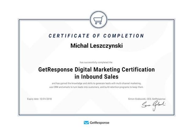 GetResponse Digital Marketing Certification in Inbound Sales awarded to Michal Leszczynski.
