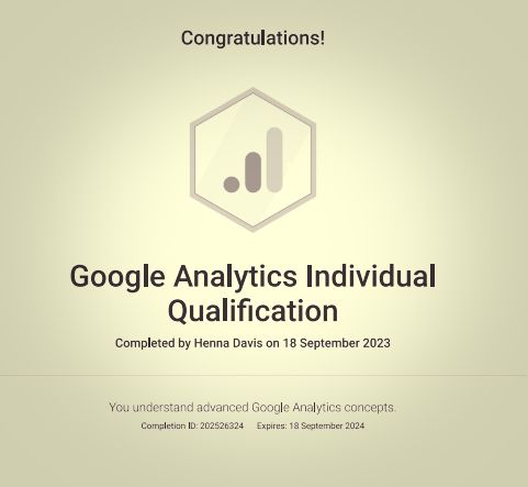 Certificate with "Google Analytics Individual Qualification" and a congratulatory message.