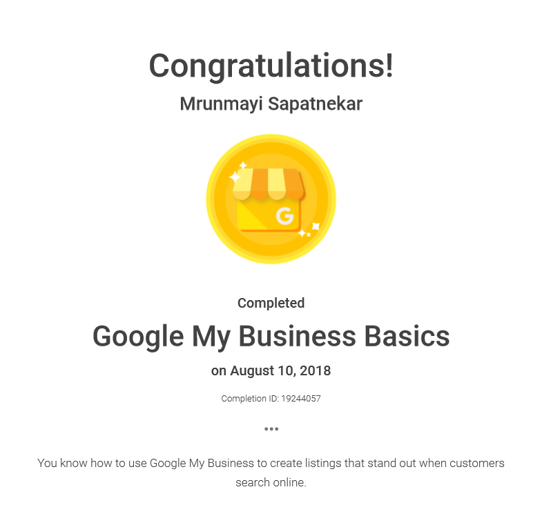 Google My Business Basics certificate awarded to Mrunmayi Sapatnekar for completing the course.