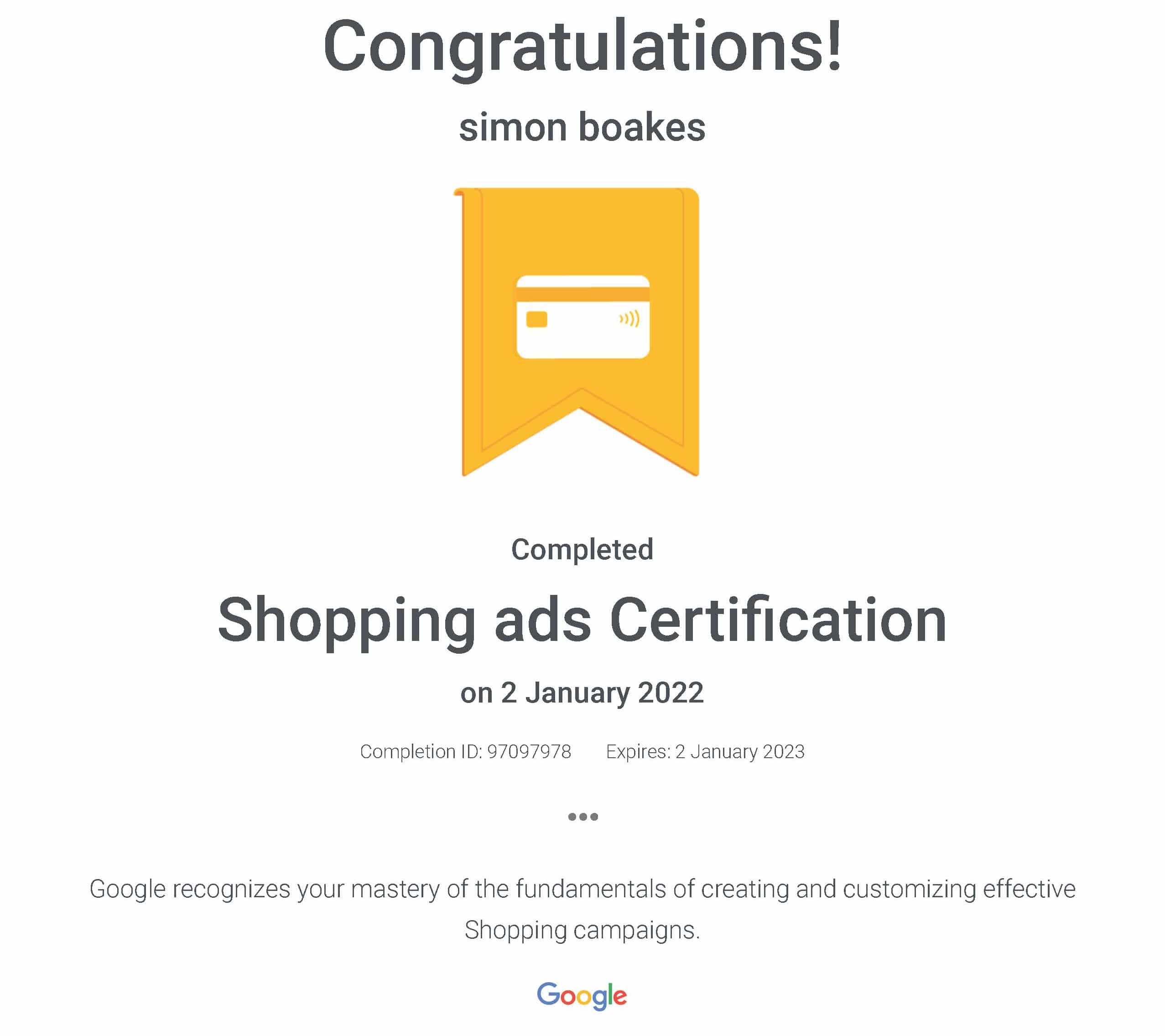 Google Shopping Ads Certification awarded to Simon Boakes.