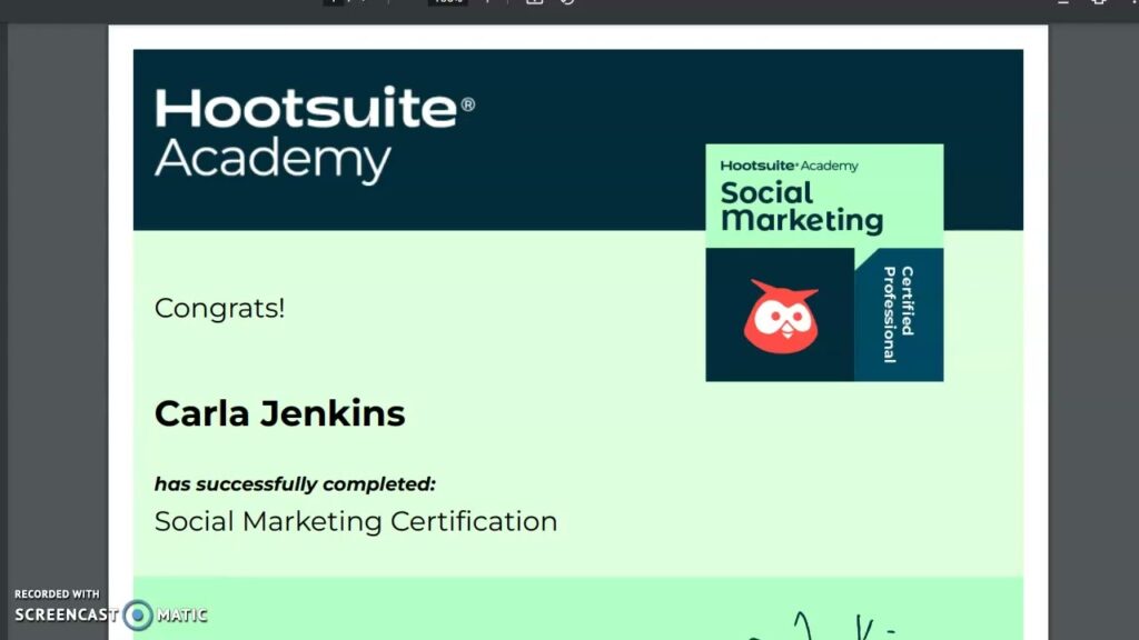 Hootsuite Academy Social Marketing Certification awarded to Carla Jenkins.