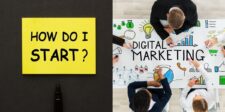 Split image: on the left, a yellow sticky note with "HOW DO I START?" written in bold black letters; on the right, a group of people collaborating around a table with "DIGITAL MARKETING" and various business illustrations.