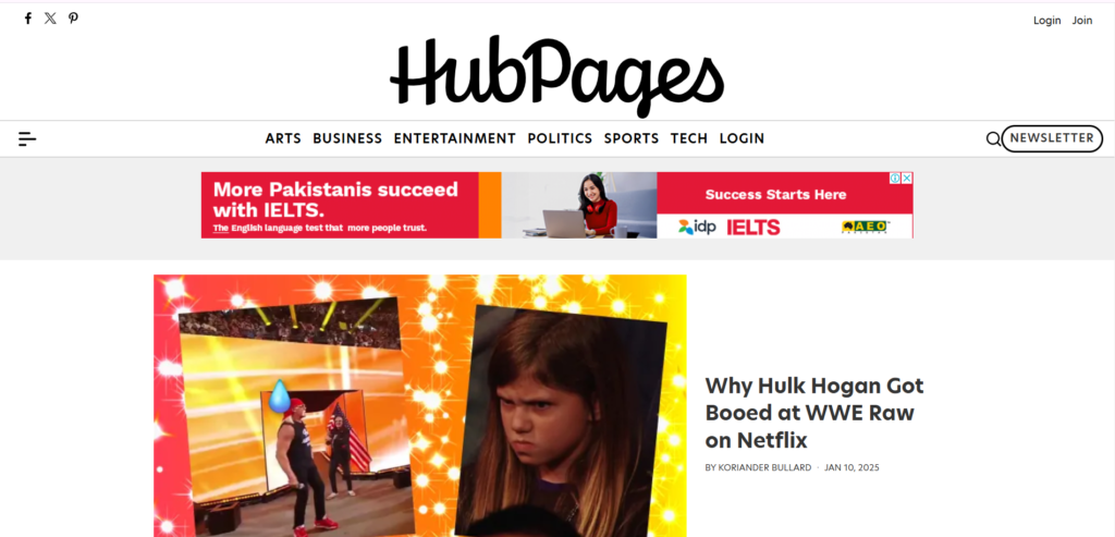 "HubPages article: Why Hulk Hogan Got Booed at WWE Raw on Netflix" with images of a wrestling scene and an upset child.