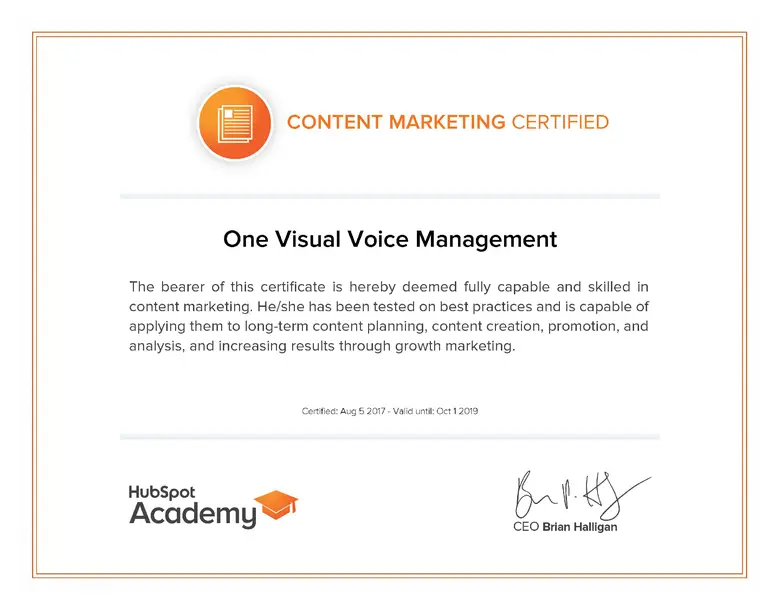 HubSpot Academy certificate for Content Marketing, awarded to One Visual Voice Management.