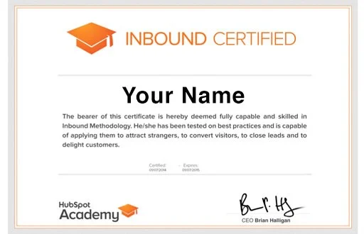 Inbound Certified certificate from HubSpot Academy with placeholder for recipient's name.