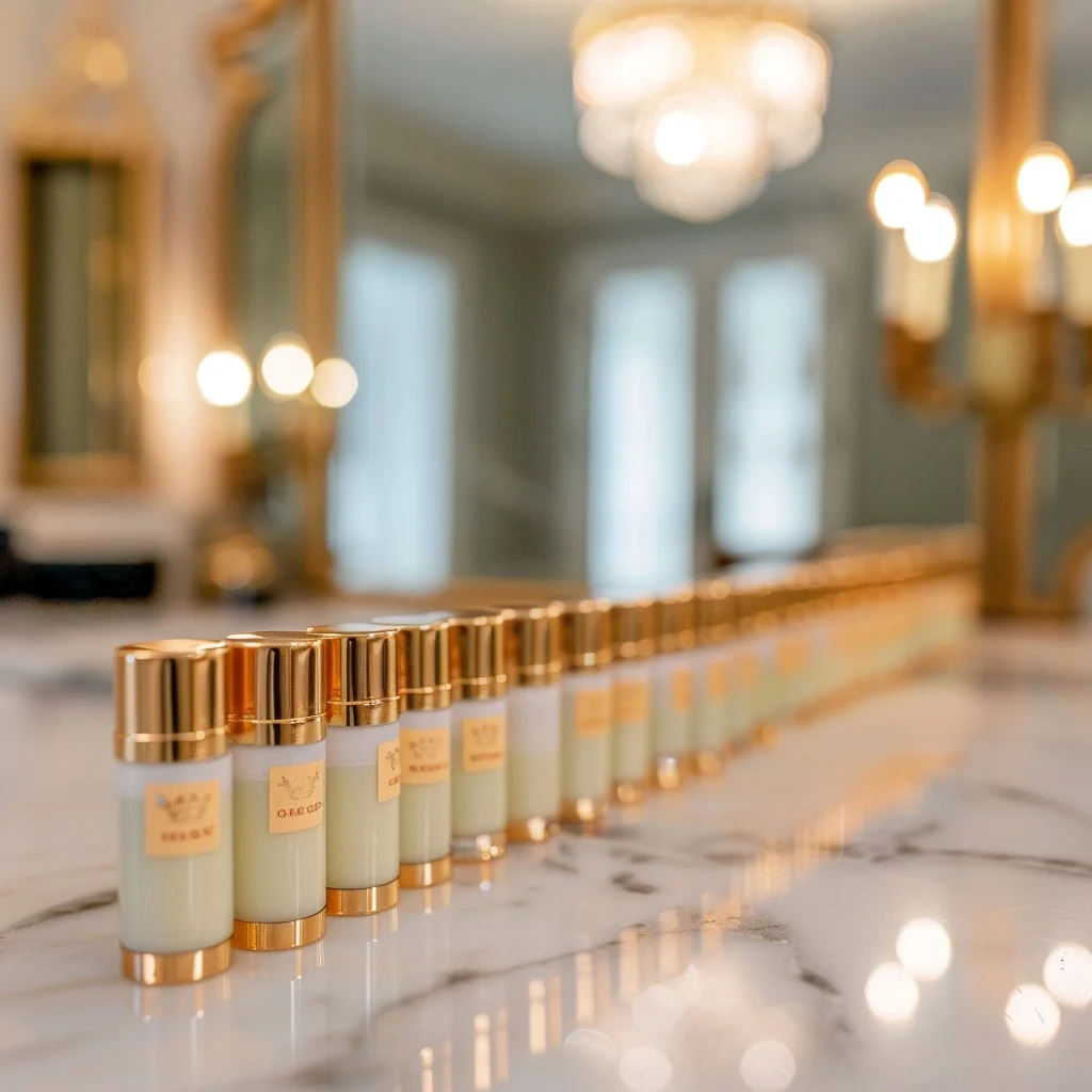 Elegant lineup of luxury skincare bottles on a marble countertop.